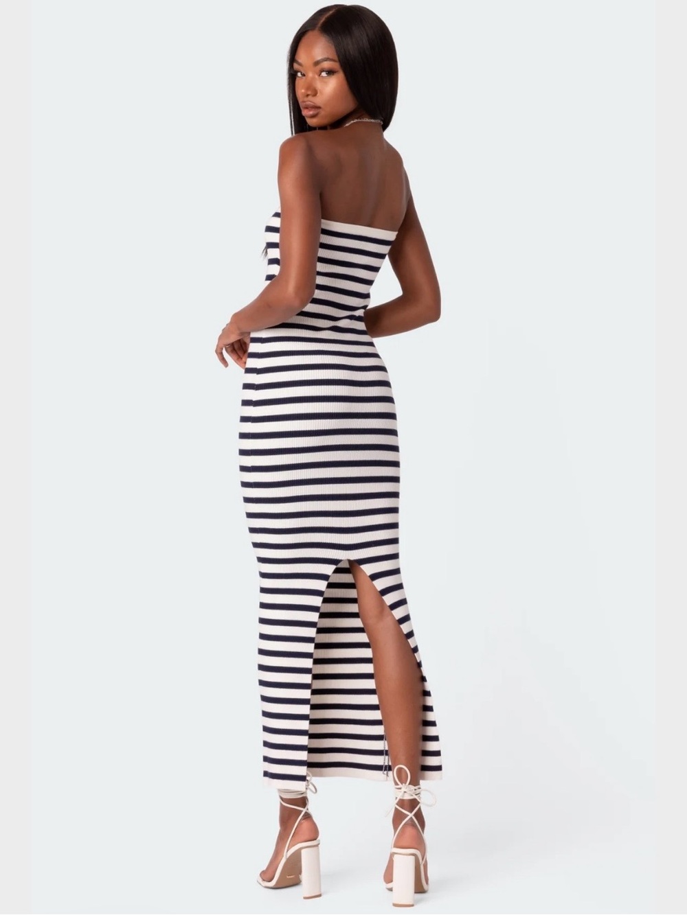 Edikted Ribbed Knit Striped Bodycon Maxi Dress Strapless Size Large Back Slit - Picture 2 of 11
